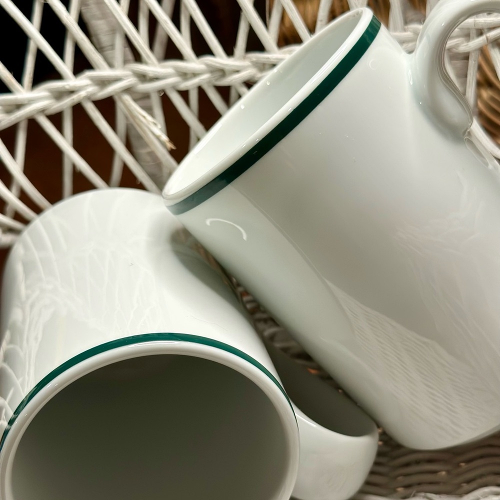 2 Dansk Christianshavn Green Stripe 12oz Porcelain Bistro Mugs - Picture 2 of 7